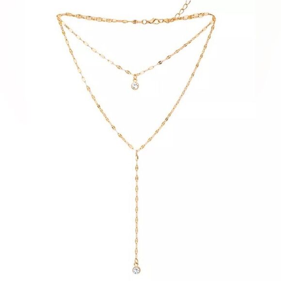 Macy's Gold Tone Clear Cubic Zirconia Double Chain Necklace New - Picture 1 of 5